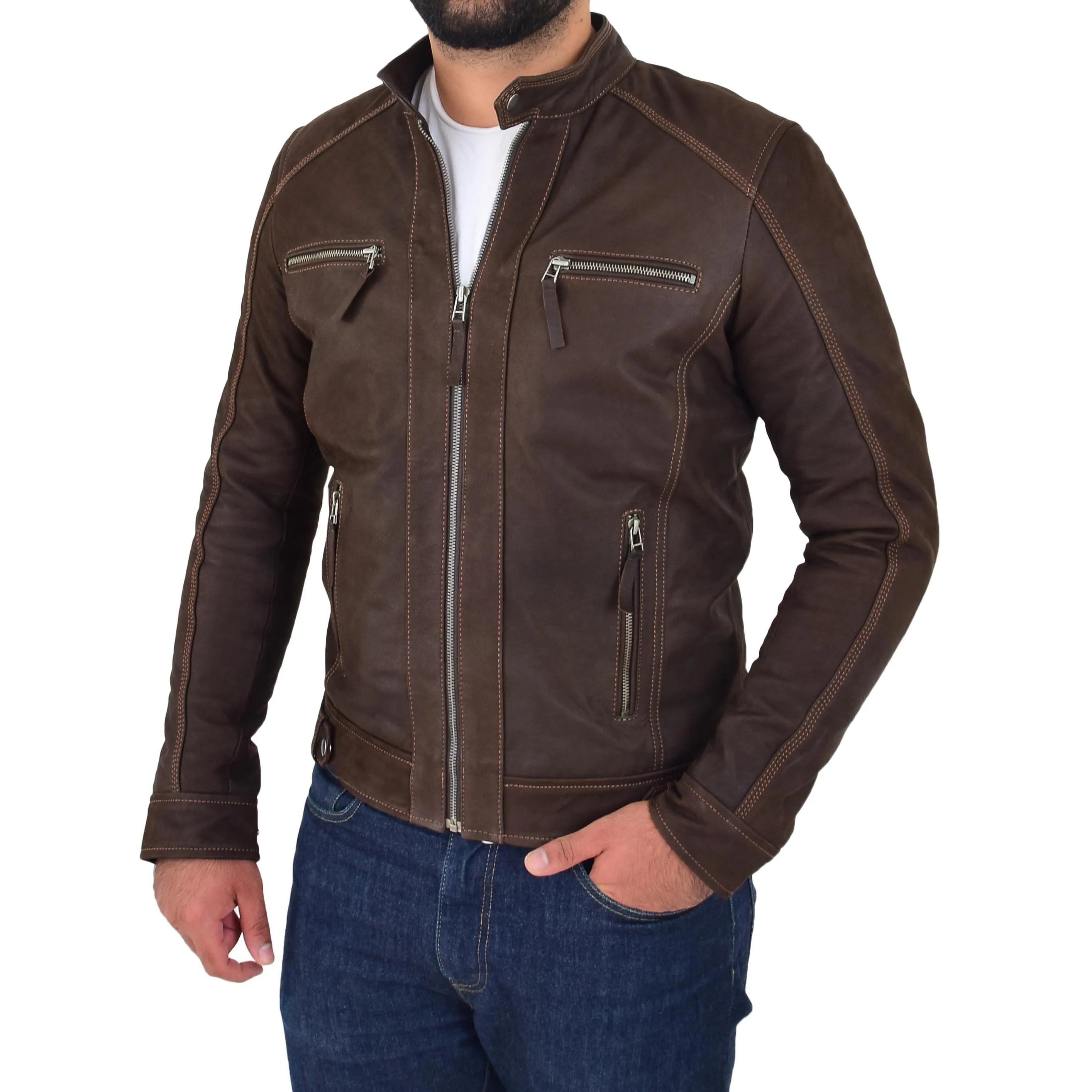 Mens Real Waxed Leather Biker Jacket Captain Brown