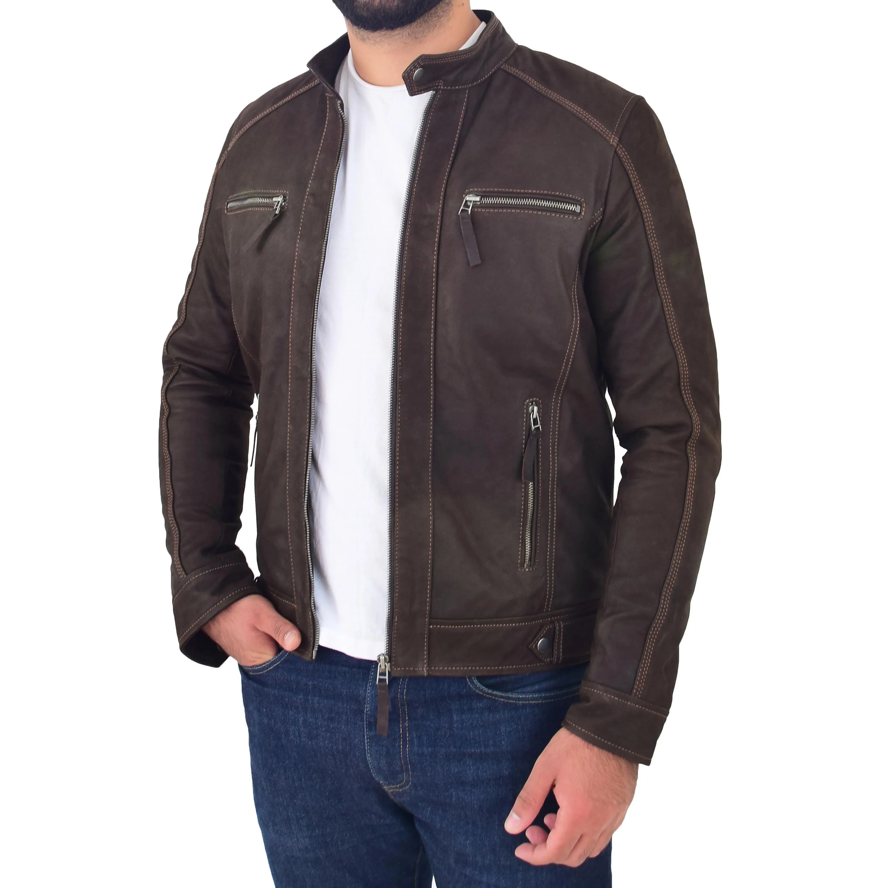 Mens Real Waxed Leather Biker Jacket Captain Brown