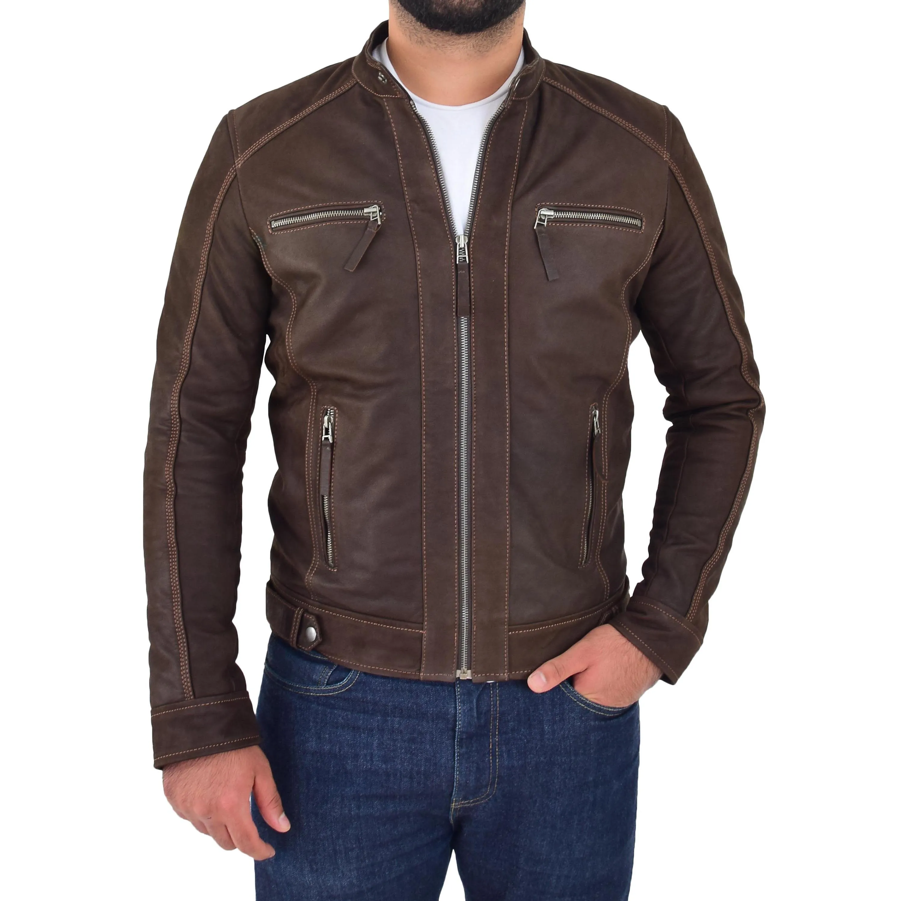 Mens Real Waxed Leather Biker Jacket Captain Brown