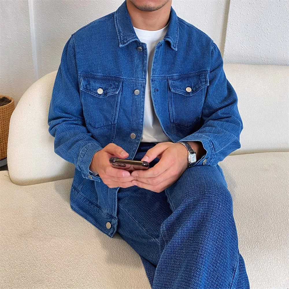 Men's Retro Blue Casual Denim Jacket And Jean