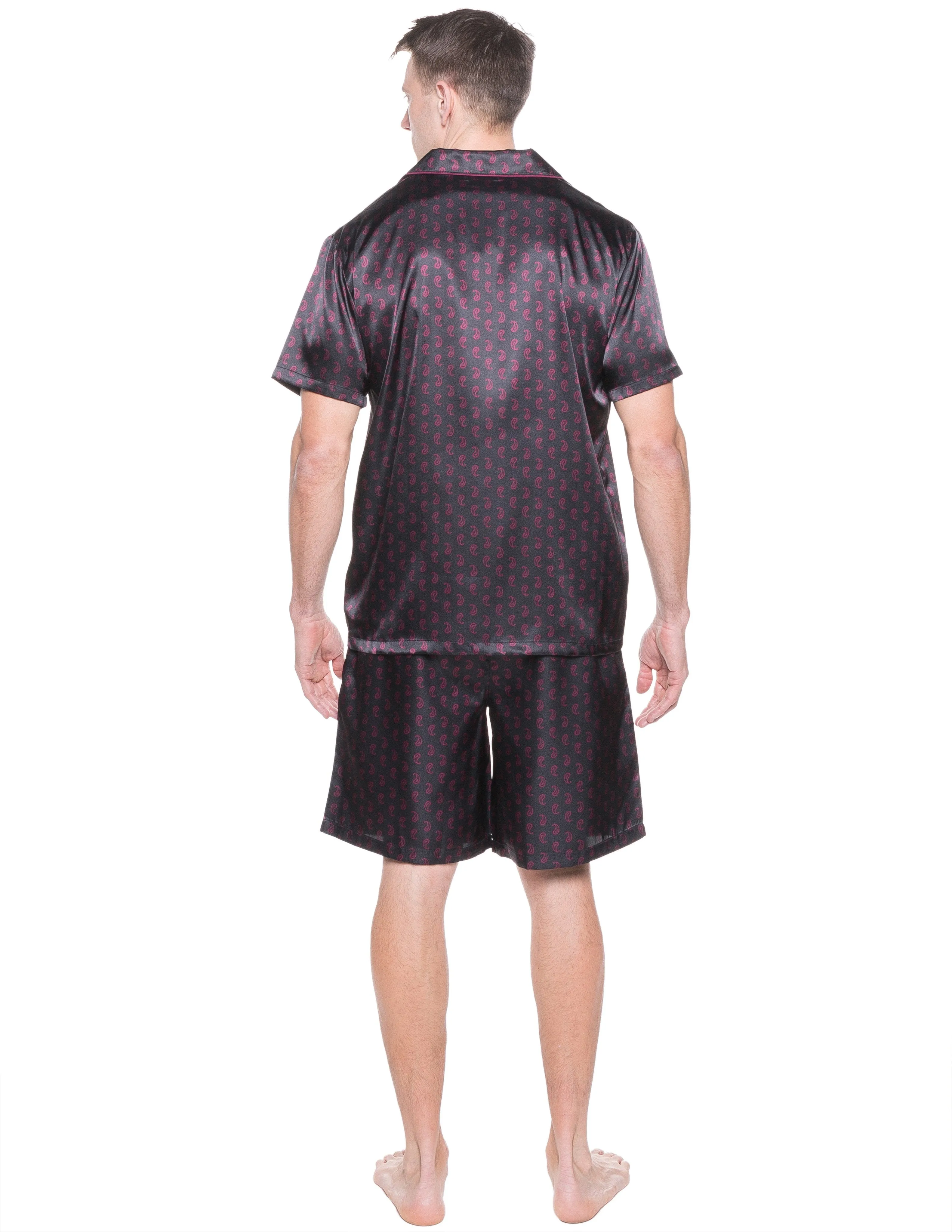 Mens Satin Short Sleepwear/Pajama Set - Paisley Black/Fig