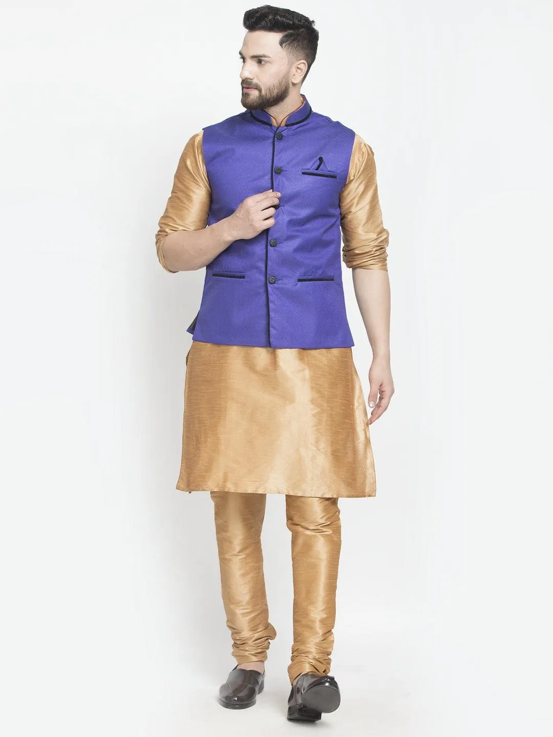 Men's Silk Blend Copper Kurta With Pyjama & Royal Blue Nehru Jacket - Benstoke