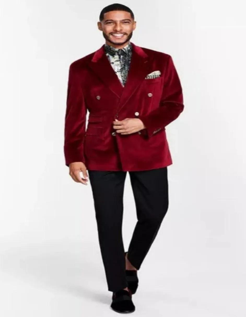 Mens Six Button Burgundy Velvet Tuxedo - Double Breasted Tuxedo