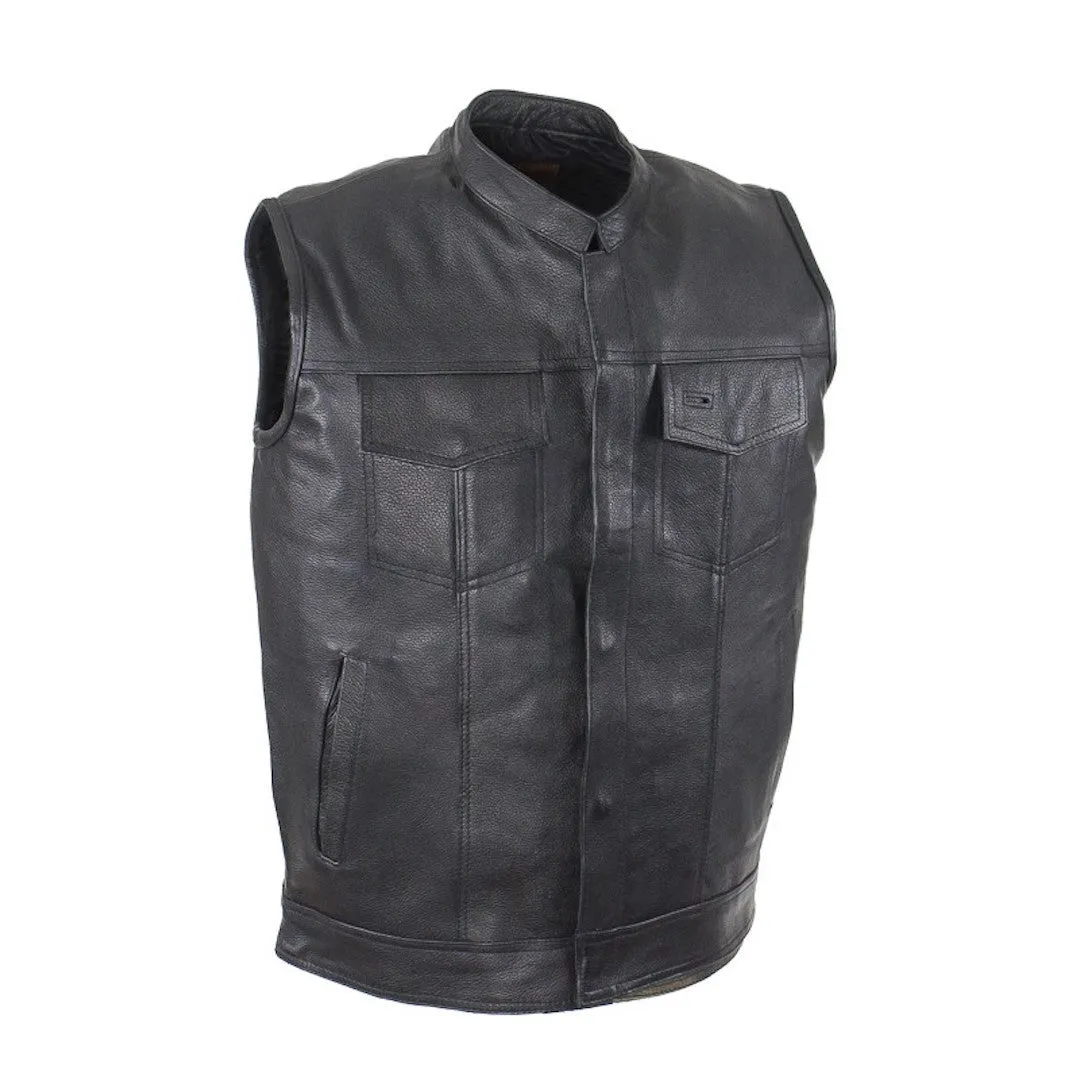 Mens SOA Split Leather Motorcycle Club Vest Solid Back Concealed Snaps Zip Snap Front