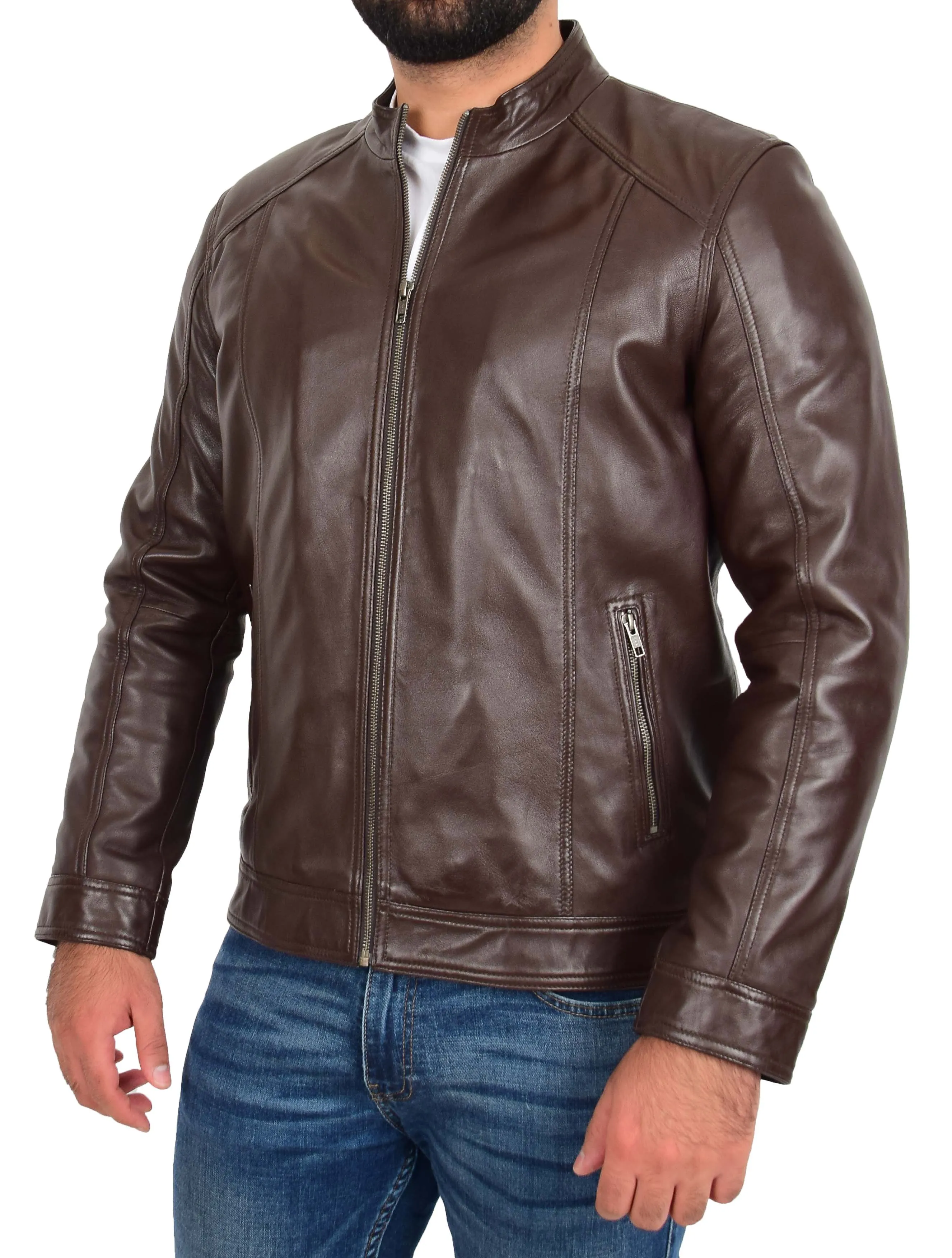 Mens Soft Brown Leather Casual Zip Fasten Jacket Nobel