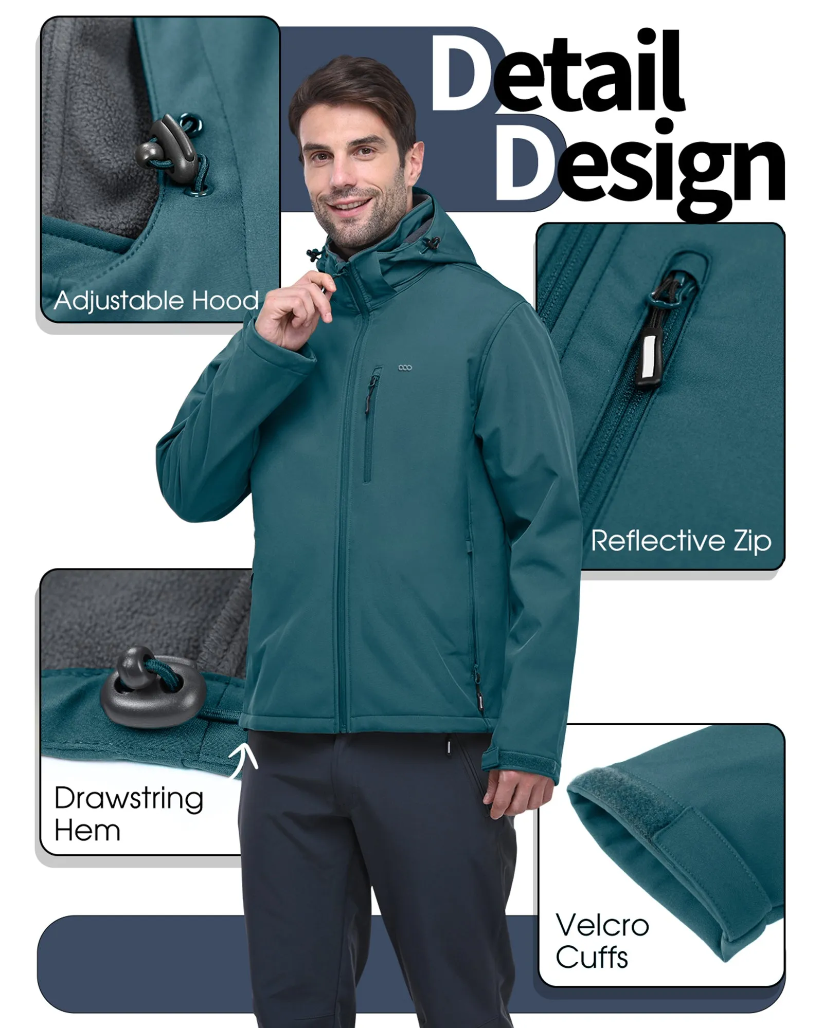 Men's Softshell Jacket with Hood Fleece Lined Windbreaker Lightweight Waterproof Jackets for Hiking