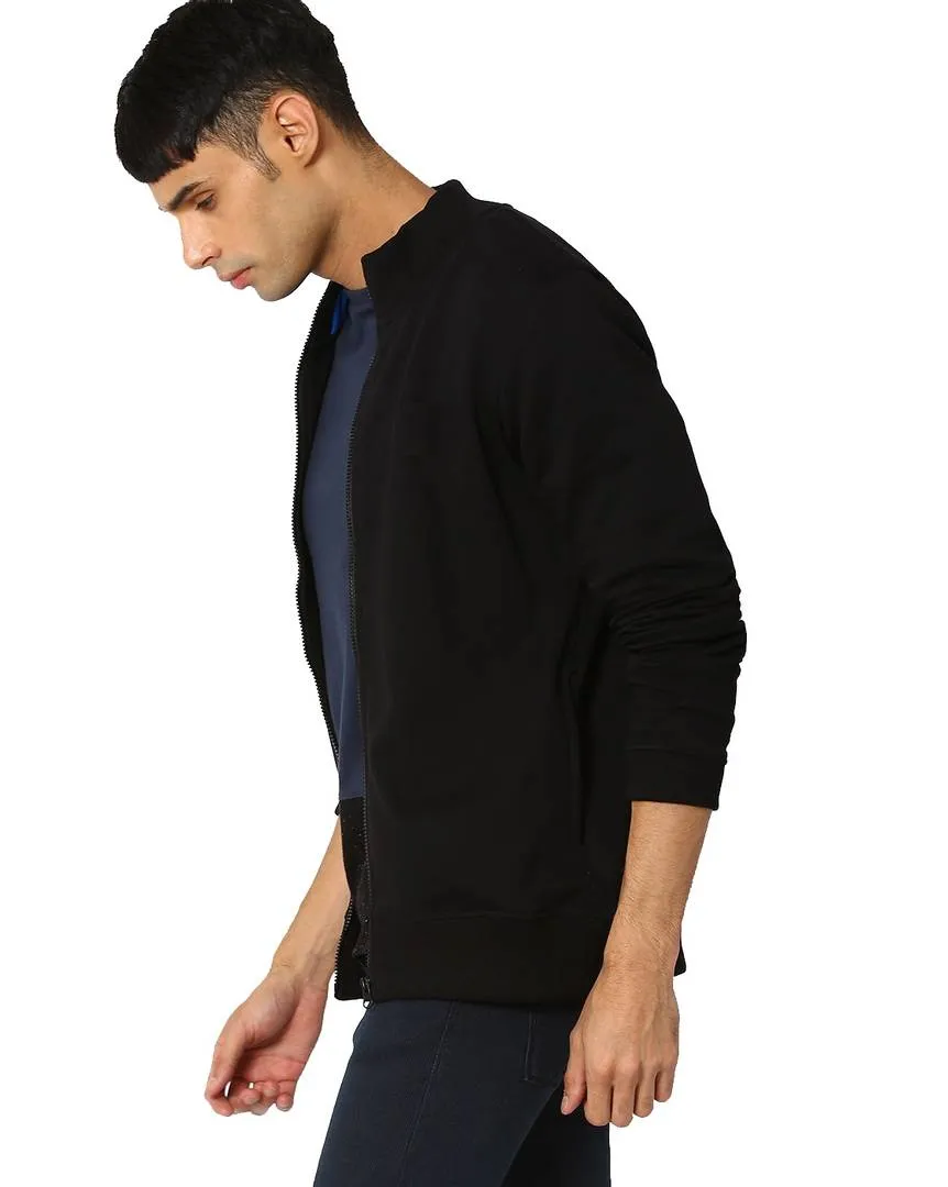 Men's Solid Long Sleeves Black Fleece Open Front Jacket