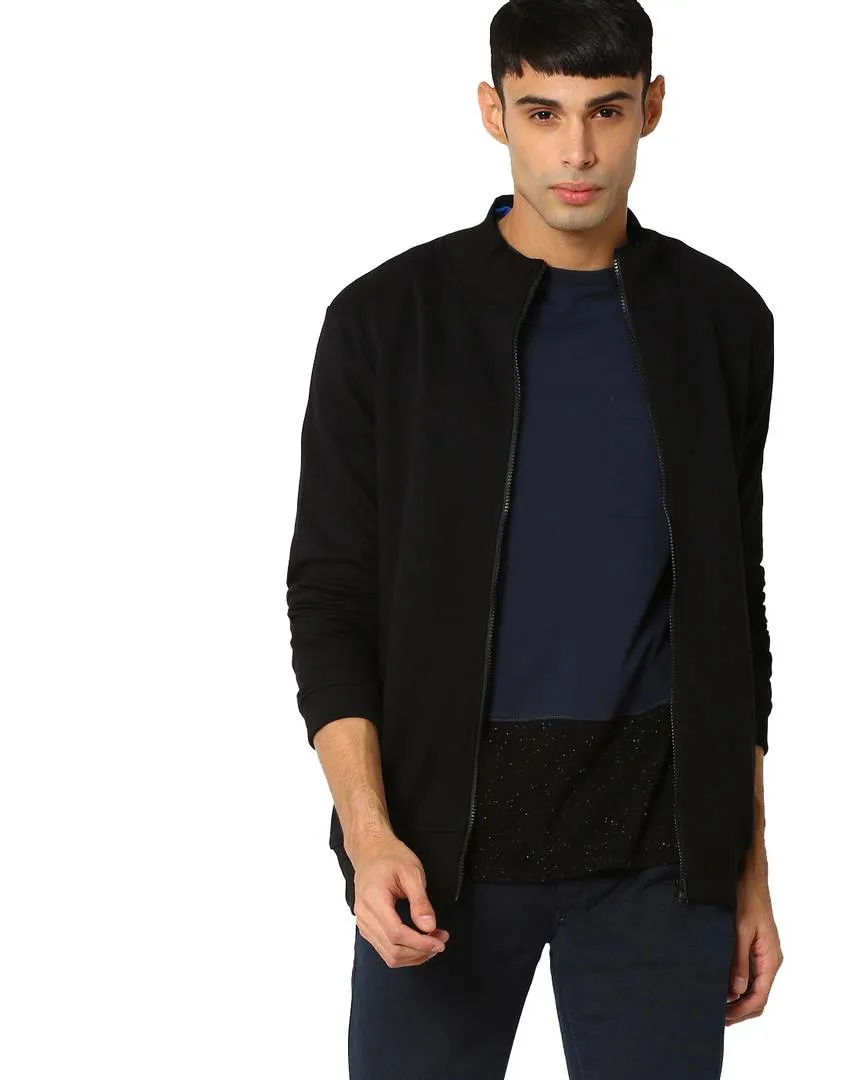 Men's Solid Long Sleeves Black Fleece Open Front Jacket