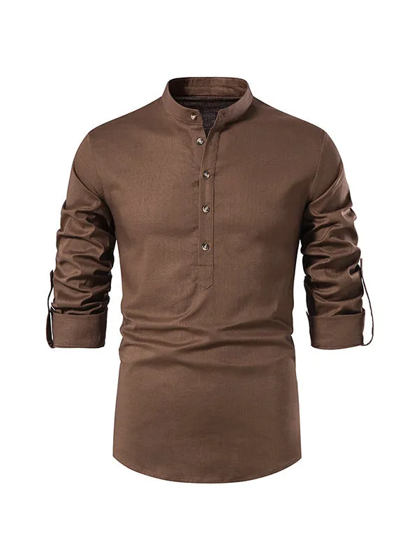 Men's Stand Collar Cotton Linen Henley Long Sleeve Shirt