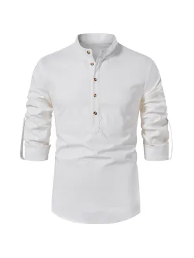 Men's Stand Collar Cotton Linen Henley Long Sleeve Shirt