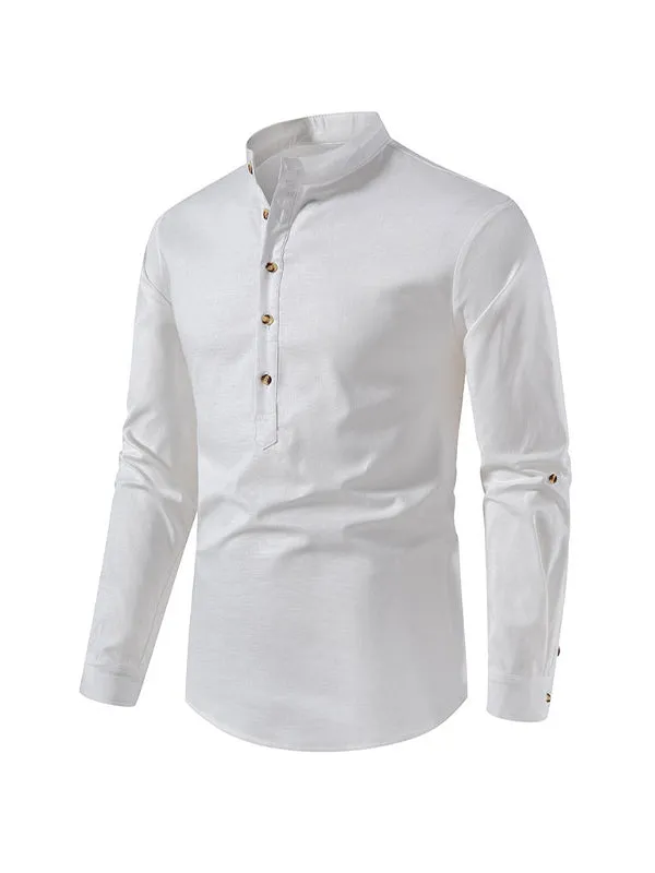 Men's Stand Collar Cotton Linen Henley Long Sleeve Shirt