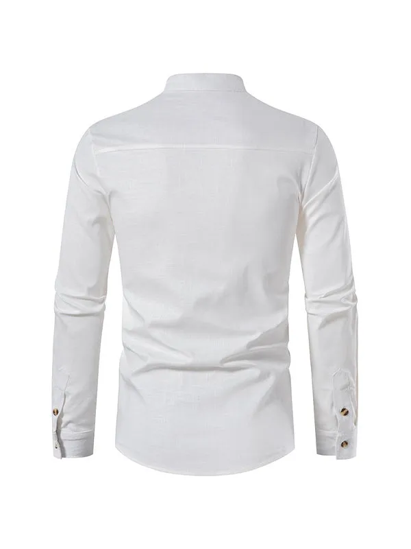 Men's Stand Collar Cotton Linen Henley Long Sleeve Shirt