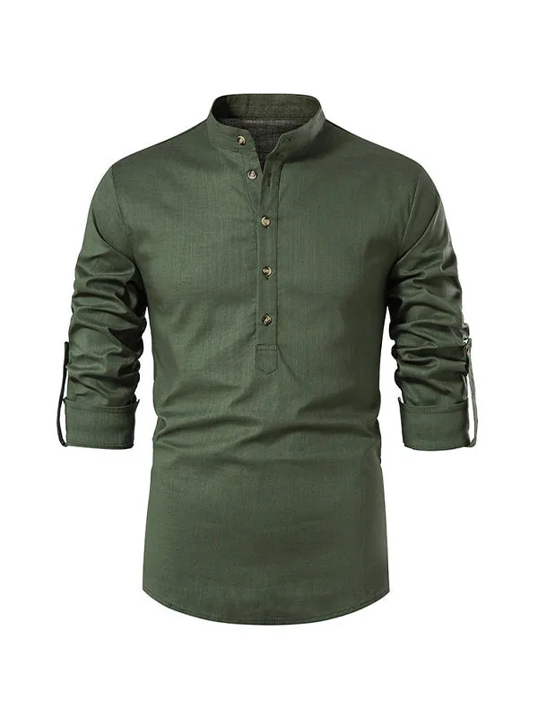 Men's Stand Collar Cotton Linen Henley Long Sleeve Shirt