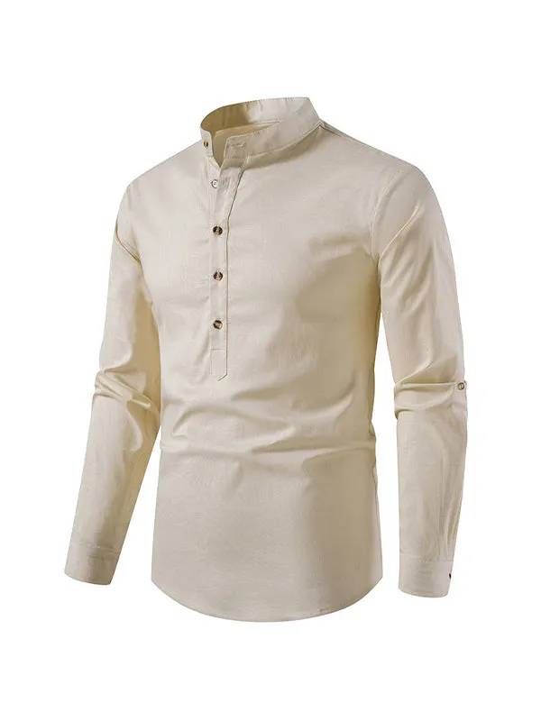 Men's Stand Collar Cotton Linen Henley Long Sleeve Shirt