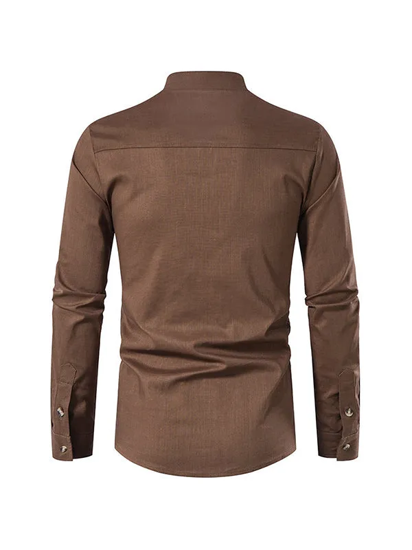 Men's Stand Collar Cotton Linen Henley Long Sleeve Shirt