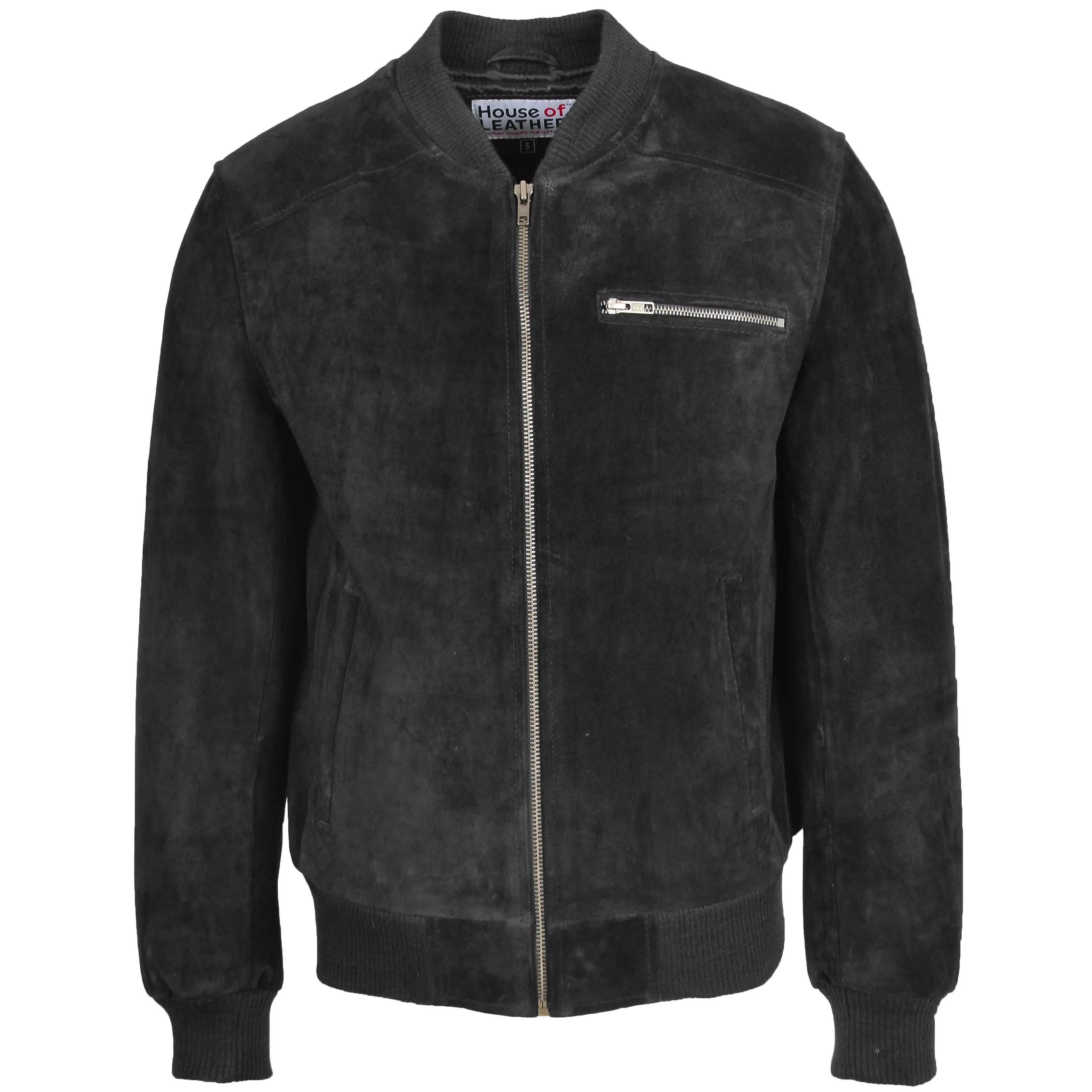 Mens Suede Bomber Varsity Jacket Reg Black