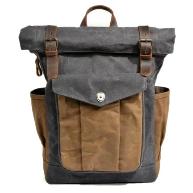 Men's Vintage Cowhide and Canvas Top Rolled Explorer Backpack