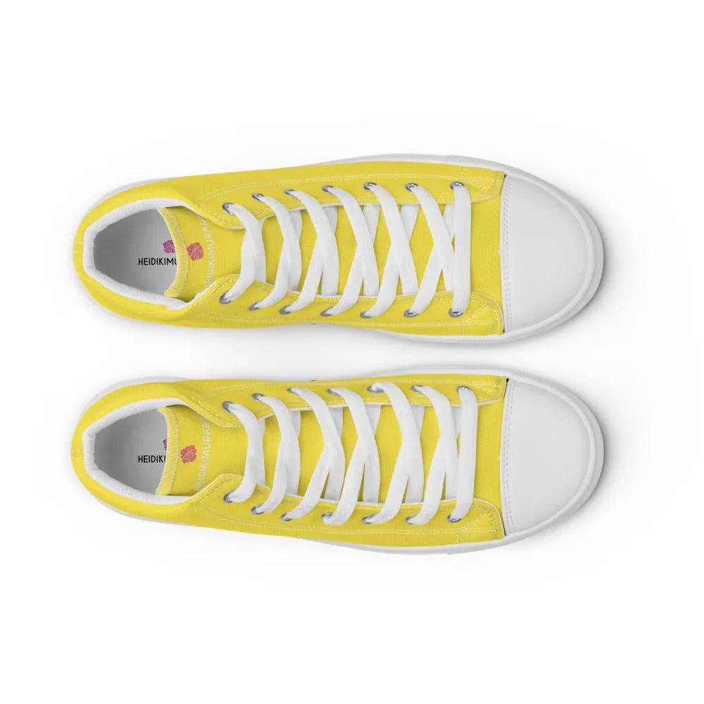 Men's Yellow  High Top Sneakers, Solid Lemon Yellow Color Men’s High Top Canvas Fashion Running Tennis Shoes