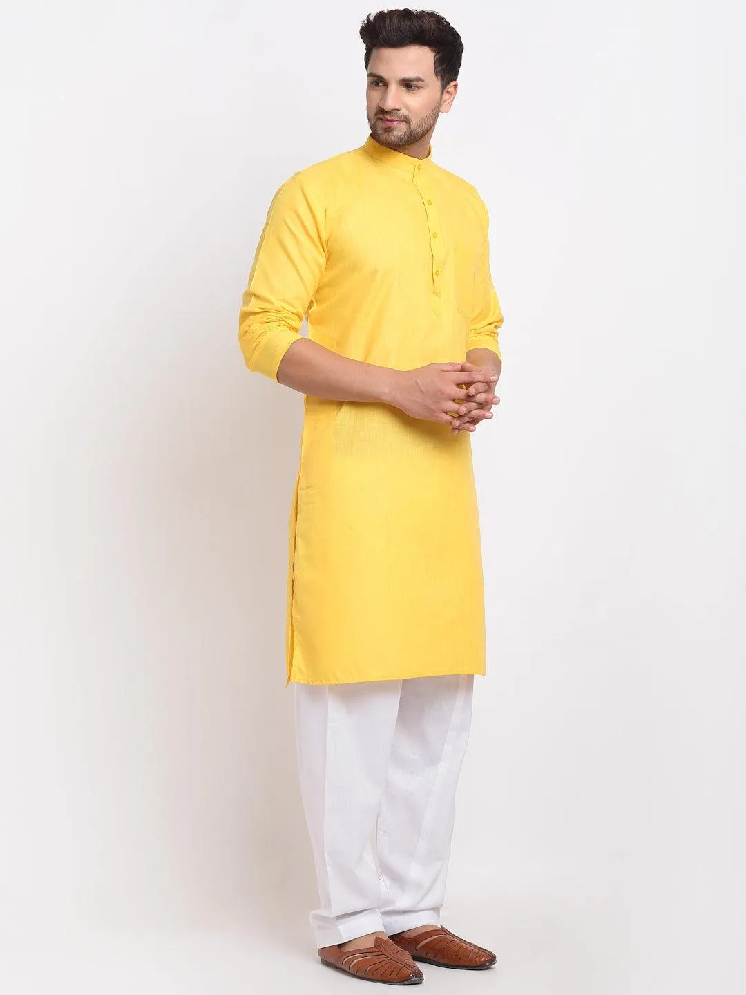 Men's Yellow Solid Kurta With White Salwar - Benstoke