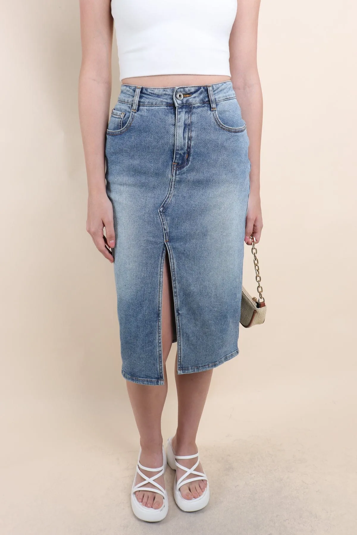 MERALD FRONT SLIT DENIM SKIRT IN ACID BLUE