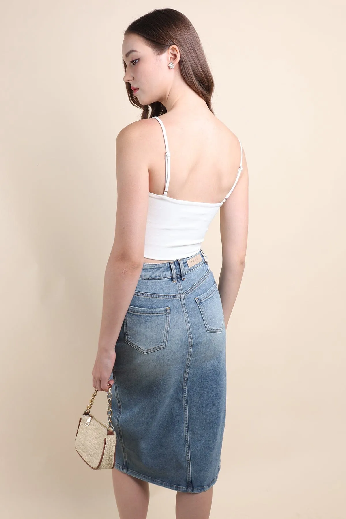 MERALD FRONT SLIT DENIM SKIRT IN ACID BLUE