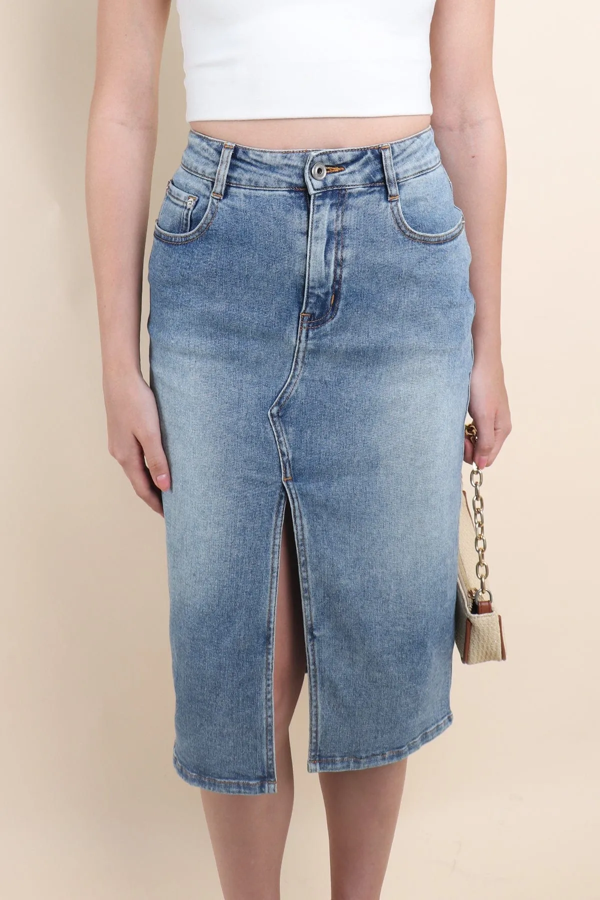 MERALD FRONT SLIT DENIM SKIRT IN ACID BLUE