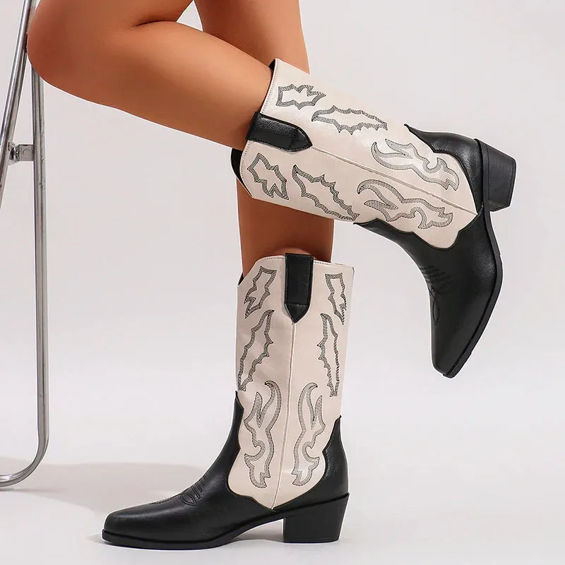 Merendy Milk tea High Chunky Heeled embroidered Mid-calf cowboy boot