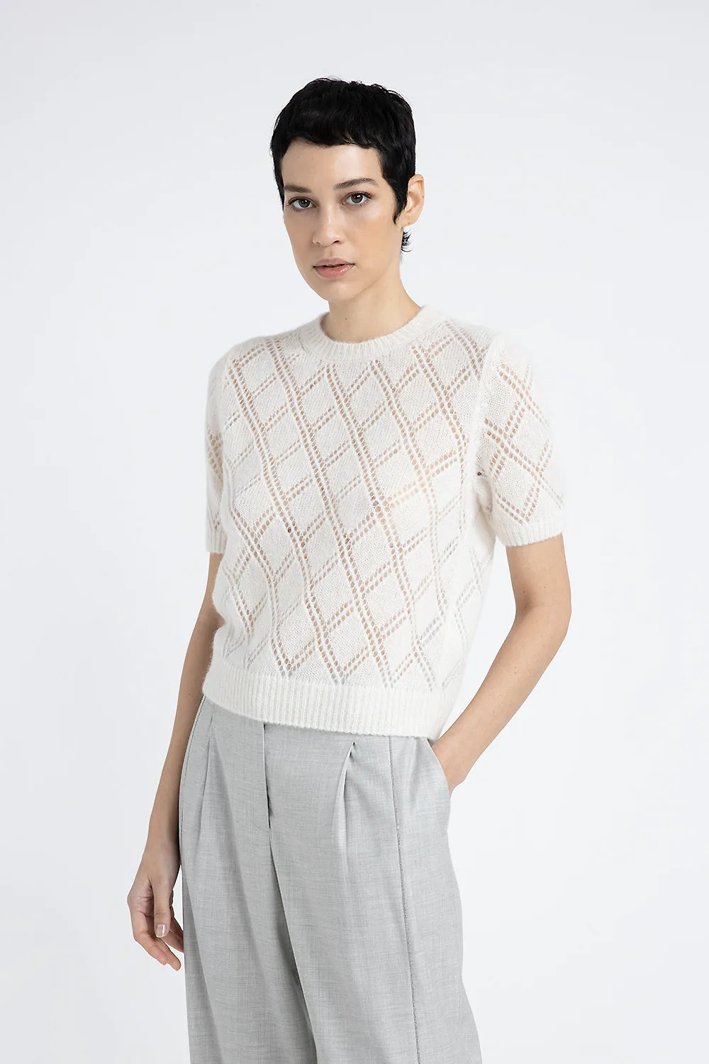 Merino wool and alpaca lace pattern short-sleeved sweater