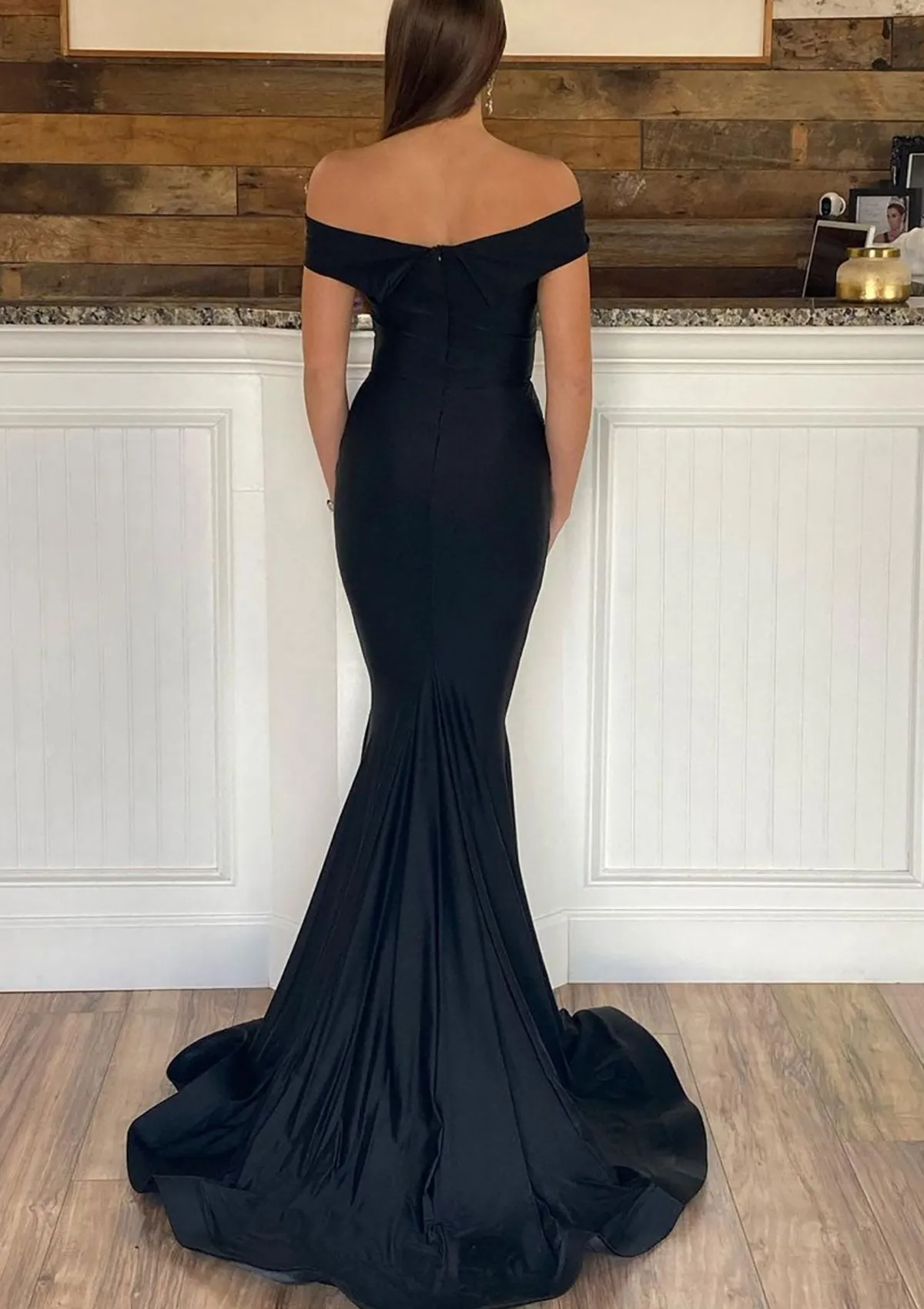 Mermaid Prom Dress Off Shoulder Short Sleeve Sweep Train Black Jersey