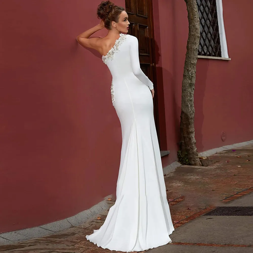 Mermaid Wedding Dress One Shoulder Simple Crystal Beads Fashion Bridal Dress