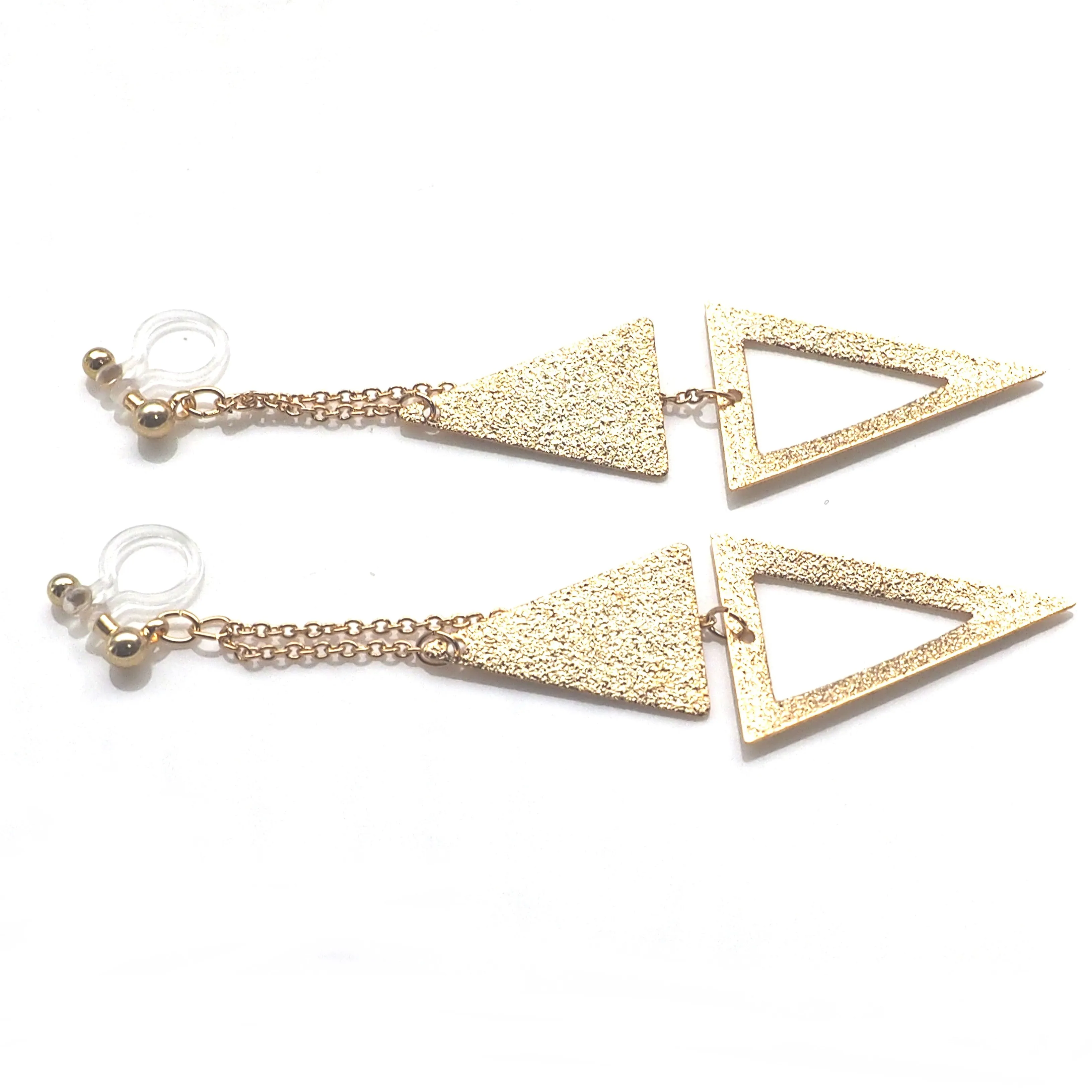 Metallic gold double triangle invisible clip on earrings