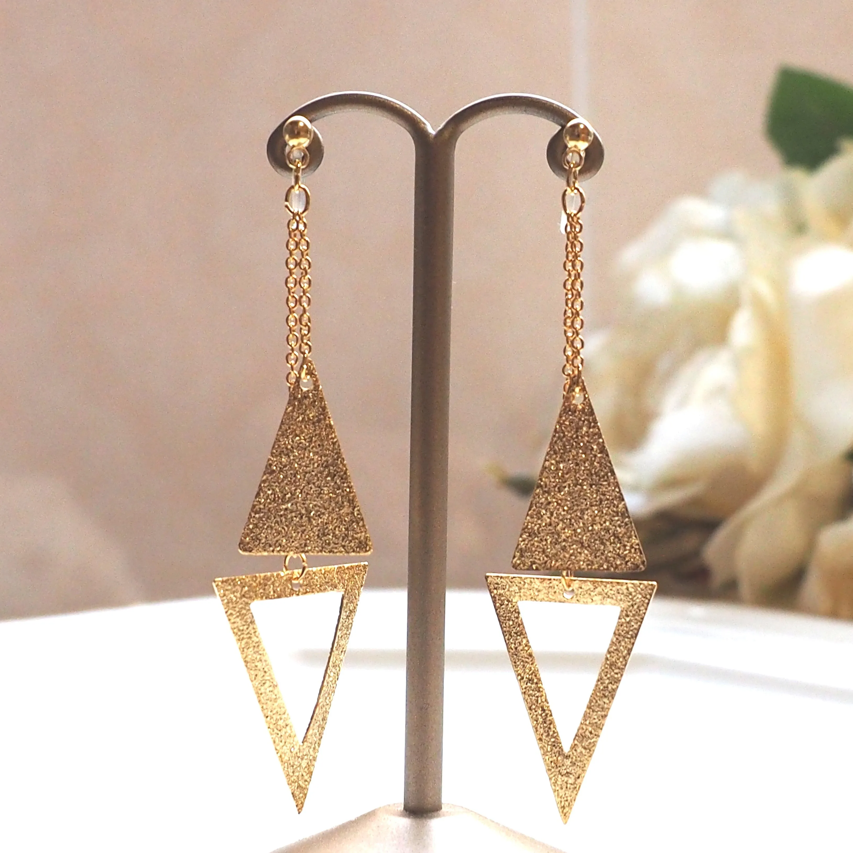 Metallic gold double triangle invisible clip on earrings