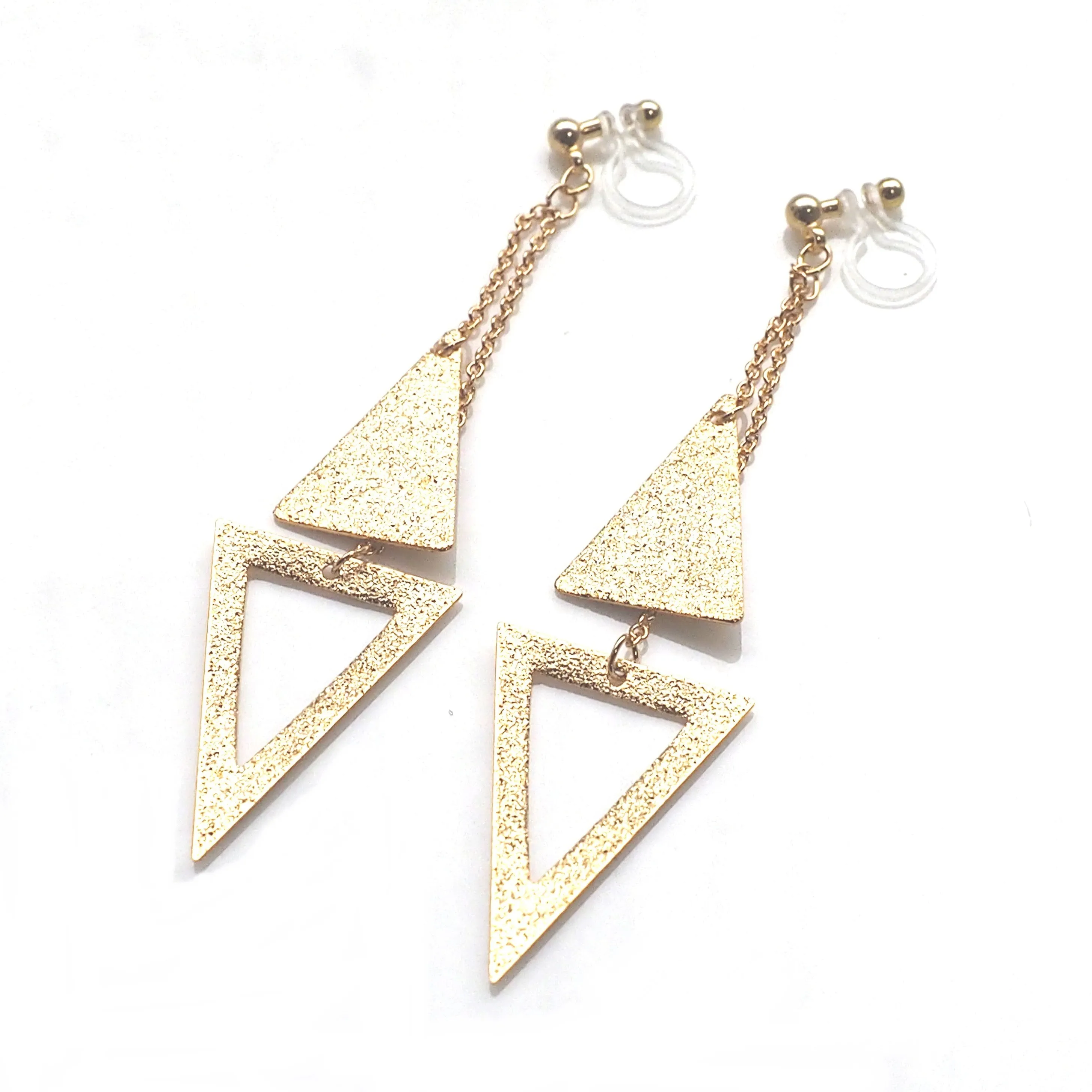 Metallic gold double triangle invisible clip on earrings