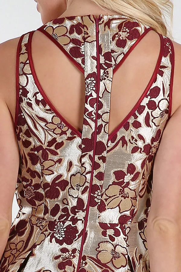 Metallic Gold With Burgundy Flowers Jacquard Dress