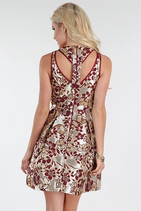 Metallic Gold With Burgundy Flowers Jacquard Dress