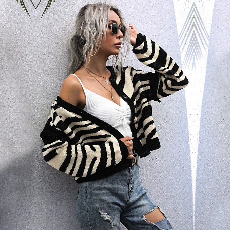 METAVERSMALL women's clothing New new knitted sweater jacket short contrasting stripes splicing cardigan short