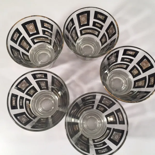 Mid-Century Jeannette Glassware Black and 22-Karat Gold Geometric 25-Piece Bar Set