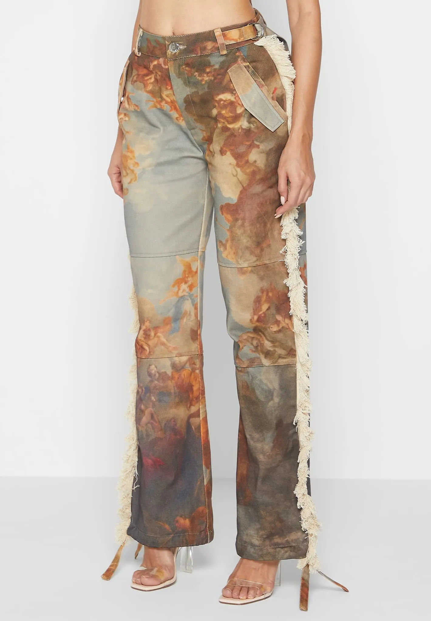 Mid Rise Art Cargo Pants with Tassels - Multi