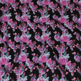 Midnight Black Crepe Fabric with Vivid Pink Rose Prints and Stone Embellishments, 110 cm Width - Imported from India-D20249