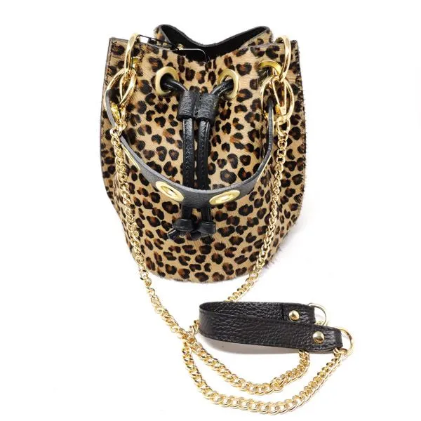 Mila Genuine Leather Pony Hair Bucket Bag | Cheetah