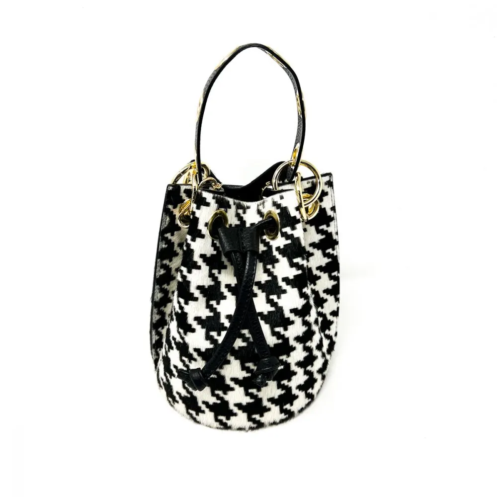 Mila Genuine Leather Pony Hair Bucket Bag | Houndstooth