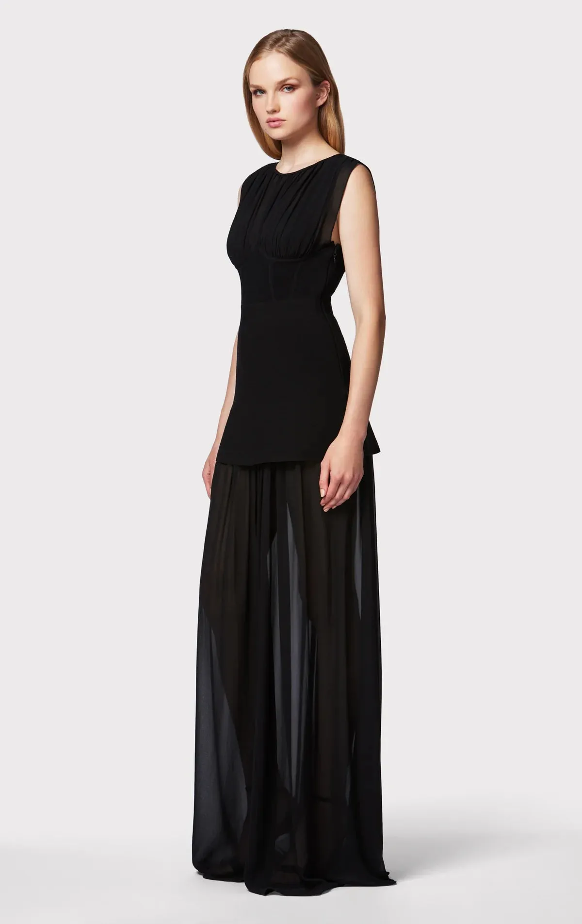 Milano Corest Silk Chiffon Ruched Gown - Black