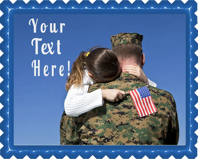 Military Man Hugs His Child - Edible Cake Topper, Cupcake Toppers, Strips