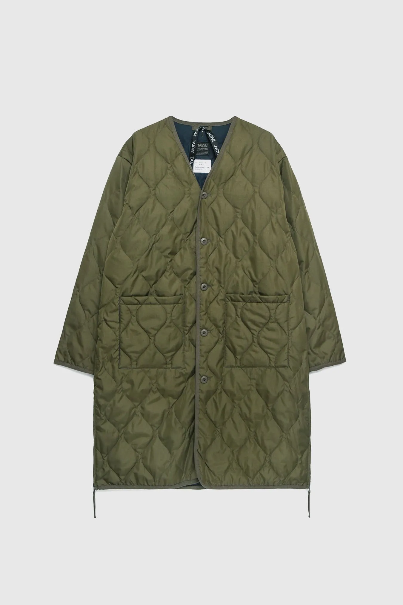 Military Zip V Neck Down Coat - Dark Olive