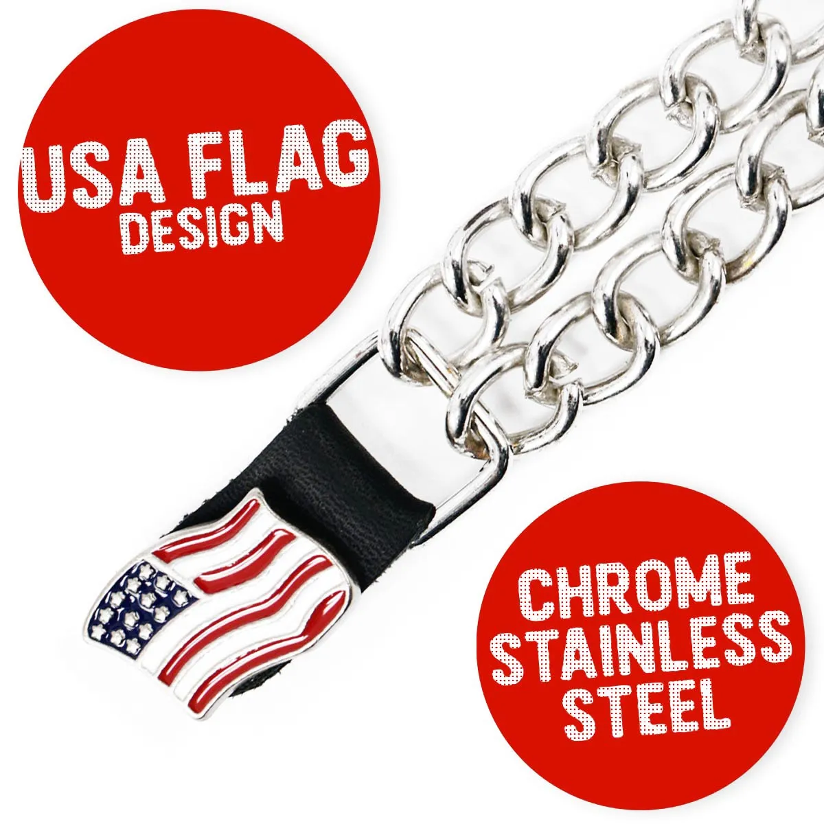 Milwaukee Leather American Flag Vest Extender - Double Chrome Chains Genuine Leather 6.5" Extension 4-PCS MLA6008SET