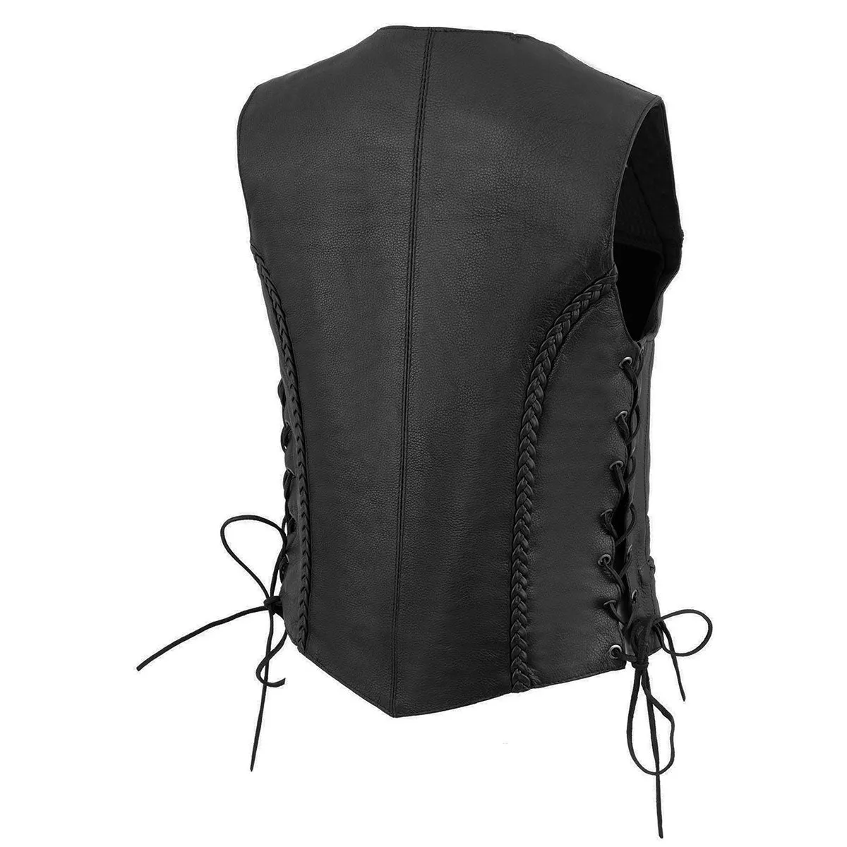 Milwaukee Leather ML1255 Women's Black Braided Premium Leather Side Lace Motorcycle Rider Vest w/ Front Snap Closure