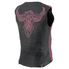 Milwaukee Leather MLL4570 Ladies Black and Fuchsia 'Studded Phoenix' Leather Vest