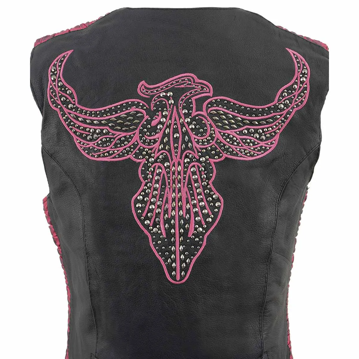 Milwaukee Leather MLL4570 Ladies Black and Fuchsia 'Studded Phoenix' Leather Vest