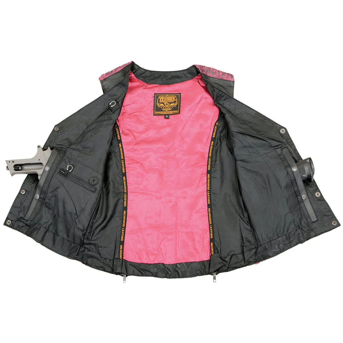 Milwaukee Leather MLL4570 Women's Studded Phoenix Black/Fuchsia Leather Motorcycle Vest w/ Embroidery Art