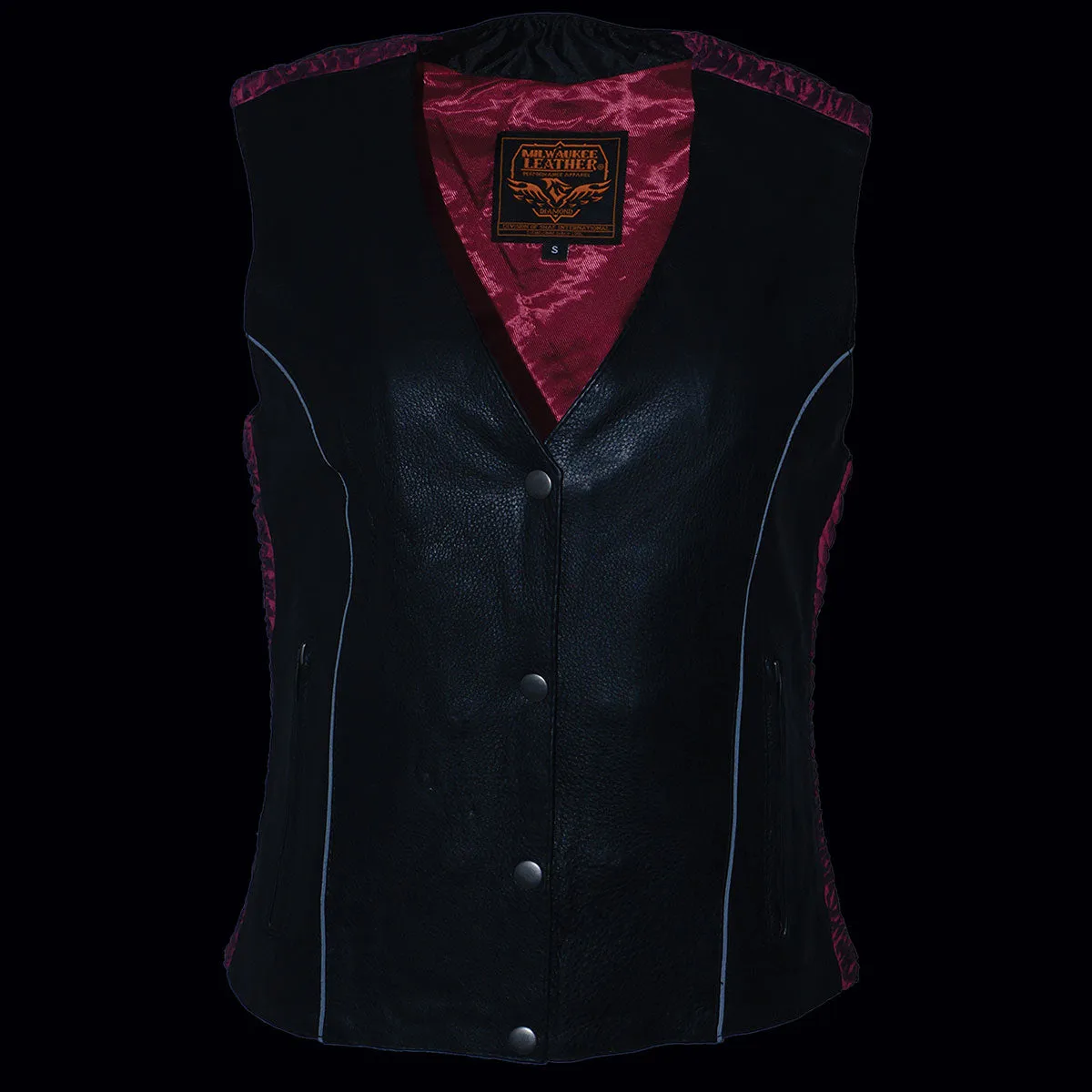 Milwaukee Leather MLL4570 Women's Studded Phoenix Black/Fuchsia Leather Motorcycle Vest w/ Embroidery Art